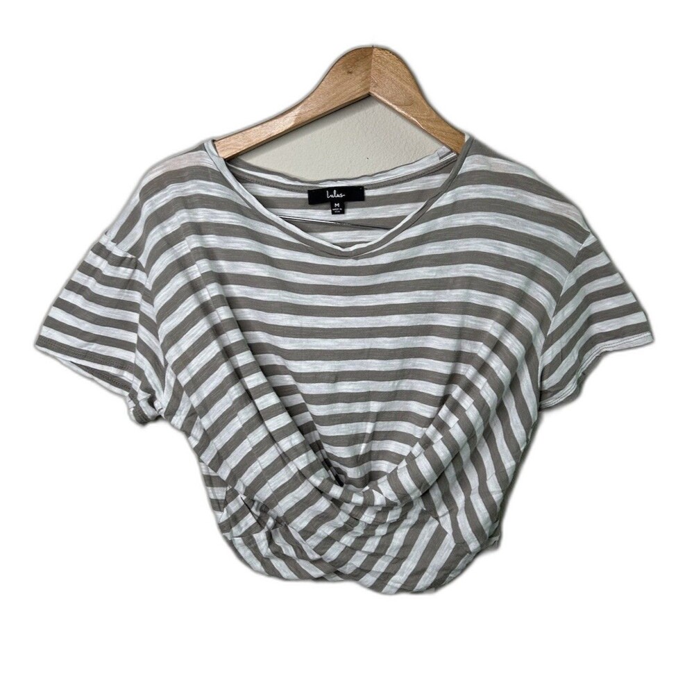 Lulus Womens Sz Medium Gray White Striped Twist Front Relaxed Cotton Cropped Top